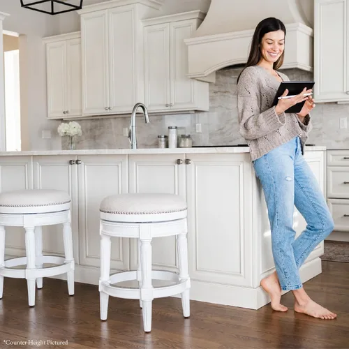 Vista 81 de Maven Lane Pullman Silla de cocina giratoria de madera de 180 grados, sin espalda, 30 pulgadas de alto, con borde de cabeza de clavo, acabado