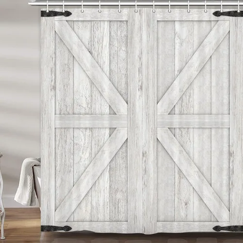 Vista 22 de Cortina de ducha de puerta de granero de madera rústica, 60 x 70 pulgadas, beige