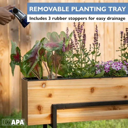 Vista 7 de Ilyapa Maceta elevada con patas, maceta elevada de metal y madera, 33 x 29 x 7 pulgadas, interior y exterior, perfecta para sala de estar, porche