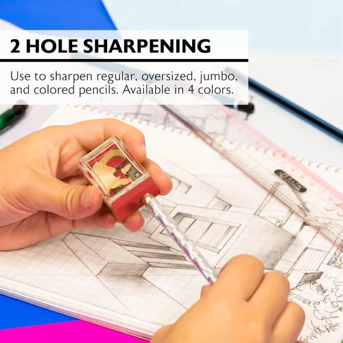 Vista 3 de BAZIC Products Afilador cuadrado de cuchillas dobles con receptáculo (4/paquete), rojo/verde/azul/negro