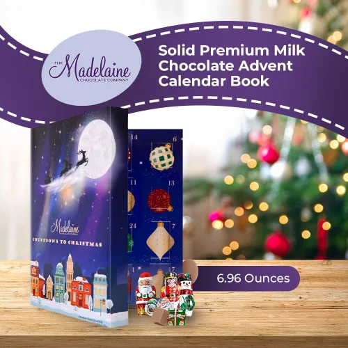 Vista 2 de Madelaine - Calendario de Adviento de chocolate sólido con leche 2025, 24 golosinas surtidas de leche con temática navideña