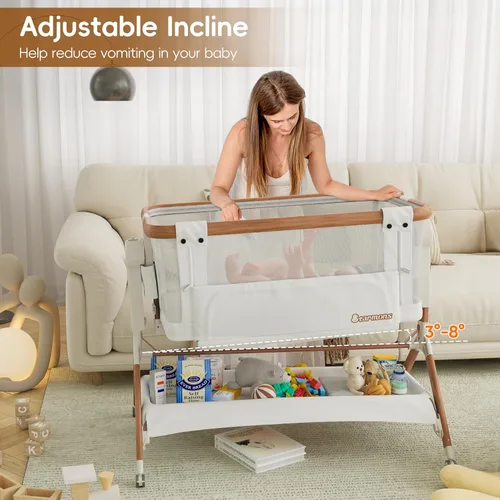 Vista 4 de Moisés junto a la cama, moisés mecedor para bebé, cuna 3 en 1 con 6 alturas ajustables, malla transpirable y ruedas con bloqueo, artículos