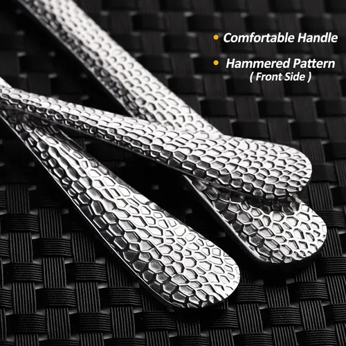 Vista 4 de Juego de cubiertos martillados modernos para 8, de acero inoxidable 1810, 40 piezas, servicio de utensilios para 8, incluye cuchillos, tenedores