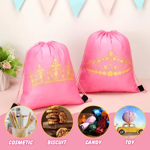Vista 3 de Funtery 16 bolsas temáticas de princesa, regalos de princesa, bolsas rosadas con cordón para regalo de cumpleaños, regalos de boda, suministros