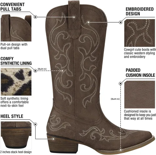 Vista 3 de HISEA Rollda - Botas vaqueras occidentales para mujer, botas vaqueras con tacón grueso, botas de media pantorrilla para mujer