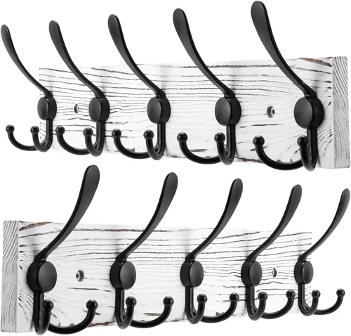 Vista 11 de Kuhome Perchero de madera para colgar sombreros de pared, tablón de madera real de pino de 16.9 pulgadas, color marrón, con 5 ganchos triples