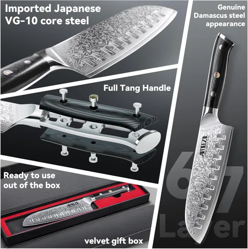 Vista 3 de Cuchillo de chef japonés de 7 pulgadas, acero inoxidable VG10 de alto carbono, cuchillos Santoku de Damasco ultra afilados para cocina, mango G10