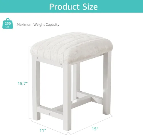 Vista 2 de Taburete Pequeño de Tocador, Lindos Taburetes de Tocador con Suave Cojín de Pelo Sintético de Conejo, Silla de Maquillaje Blanca para Espacios