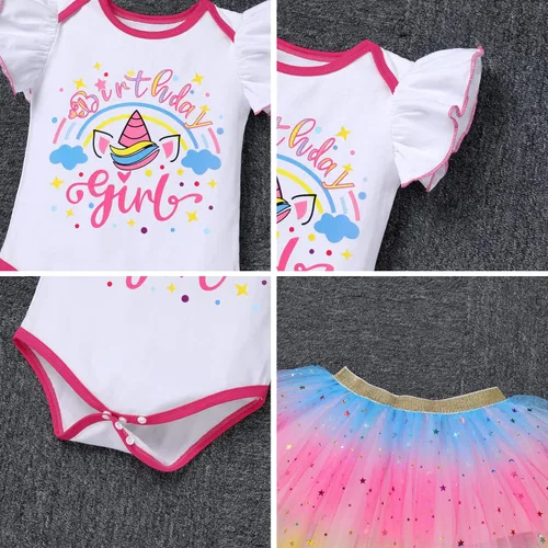 Vista 5 de IDOPIP Conjunto de 5 piezas de ropa para bebé con diseño de arco iris para 1er 2 3 cumpleaños para niña