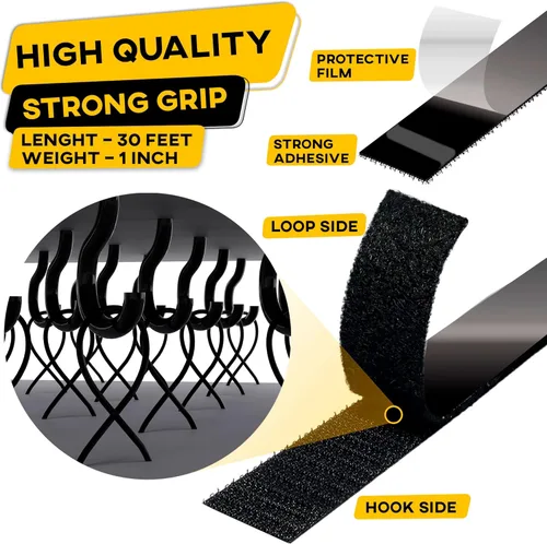 Vista 3 de Rollo de cinta de velcro con adhesivo resistente, resistencia industrial, fácil de cortar, tiras de gancho y bucle fuertes con parte trasera Negro