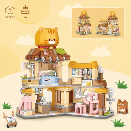 Vista 6 de Street View Cute Cat Shop Mini Bloques de Construcción, Juguetes de Construcción Creativos MOC Set de Construcción de Animales Lindos para Niñas
