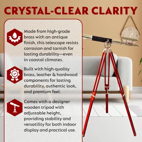 Vista 3 de Telescopio vintage de doble barril con acabado de latón brillante, trípode náutico marrón de madera, telescopios, gafas espías, decoración de barco