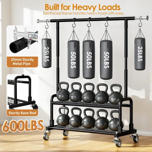 Vista 3 de Luxspire Perchero de ropa resistente, con carga de 600 libras, percheros con ruedas resistentes y estantes de 2 niveles, perchero ajustable