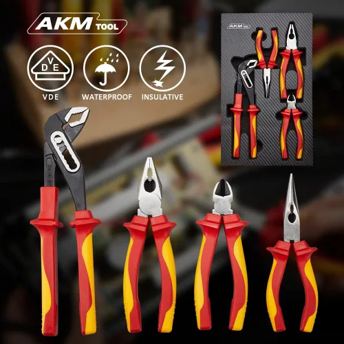 Vista 8 de AKM Juego de 4 herramientas aisladas VDE de 1000 V - Juego de alicates con lengüeta y ranura, corte diagonal, nariz larga y alicates Linesman