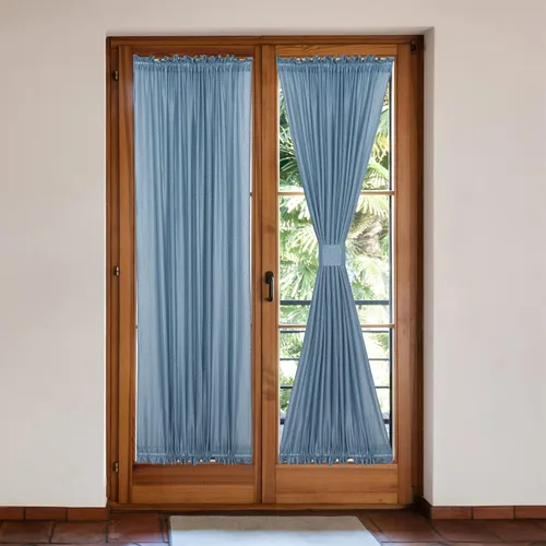 Vista 3 de 2 cortinas semitransparentes beige para puerta delantera francesa, con bolsillo para barra, paneles cortos de gasa de encaje con alzapaños, zigzag