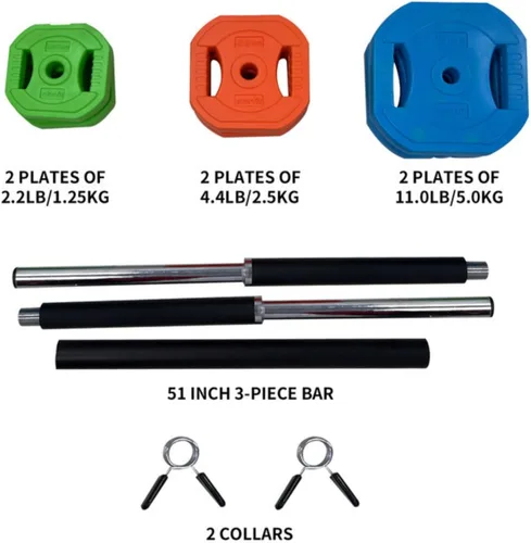 Vista 2 de Juego de pesas ajustables con pesas libres, juego de bomba cardiovascular ajustable para gimnasio en casa, multicolor, 44.1 lbs