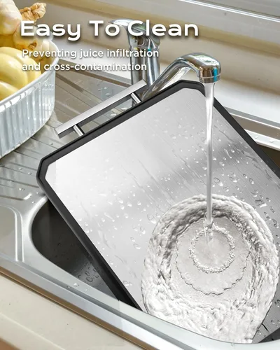 Vista 7 de Tabla de cortar de acero inoxidable SNOWCLAD, tablas de cortar de doble cara para cocina, tabla grande de acero inoxidable/paja de trigo PP