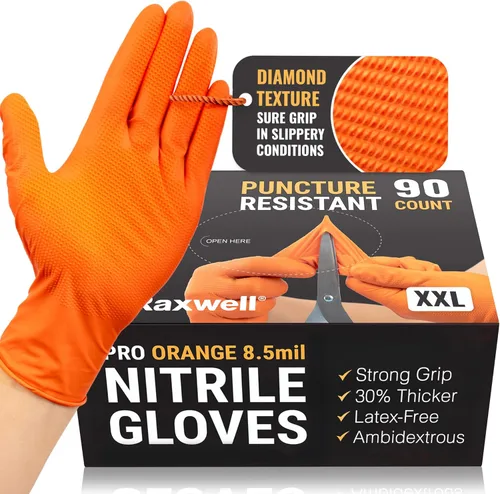 Vista 12 de Raxwell Orange Nitrile Gloves 8.5 Mil - Powder-Free Puncture-Resistant Protection - Diamond-Texture Work Gloves with Grip