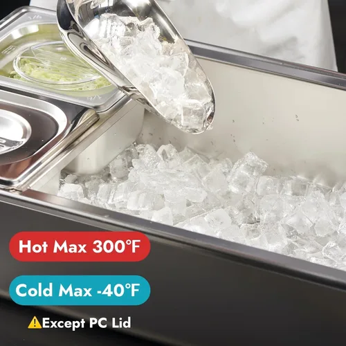 Vista 6 de HECMAC Recipiente para servir condimentos refrigerados con hielo (6 bandejas), 2 tipos de tapas, bandeja de drenaje, sartén antiatascos de calibre