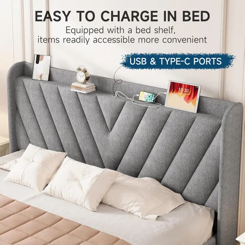 Vista 120 de koorlian Base de cama Queen con cabecero, base de cama tapizada ajustable con puertos tipo C y USB, cabecera de almacenamiento con respaldo de ala