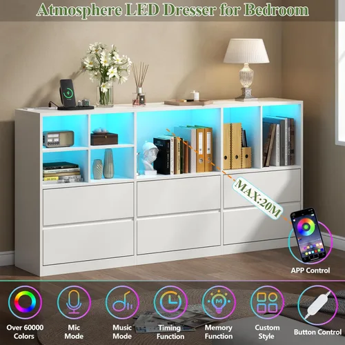 Vista 4 de Gyfimoie Cómoda blanca para dormitorio con 6 cajones, cómoda con luces LED y estación de carga, cómoda de 63 pulgadas de largo con 7 cubos abiertos