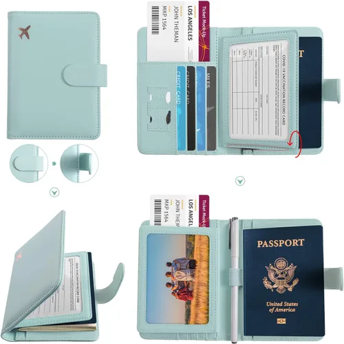 Vista 3 de Foreate Soporte para tarjetas de vacuna para pasaporte, soporte para pasaporte con ranura para tarjetas de vacuna, cartera de cuero sintético