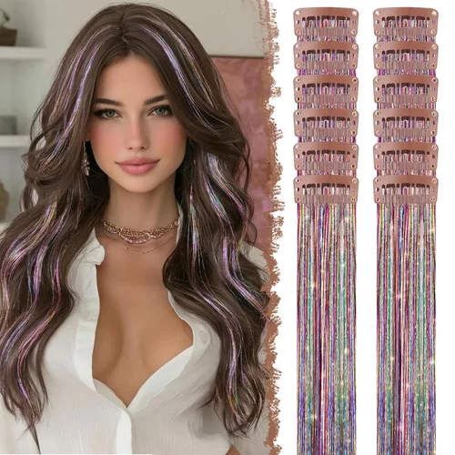 Vista 33 de FESHFEN Extensiones de cabello con clip con estampado de leopardo, 6 unidades, extensiones de cabello sintético largo y liso con clip, extensiones