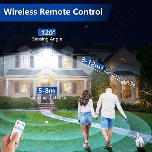 Vista 2 de Paquete de 8 luces LED solares de pared para exteriores, luces de seguridad con sensor de movimiento de 20 W con 3 modos de iluminación, luz