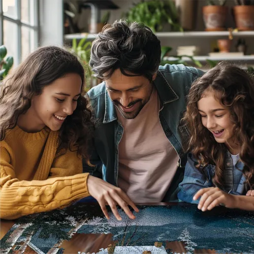 Vista 4 de White Mountain Puzzles Friends in Winter - Rompecabezas de 1000 piezas