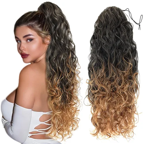 Vista 8 de Extensiones de cola de caballo rizadas sueltas con cordón – Extensiones de cabello largo ondulado negro grueso con clip en extensiones de cola