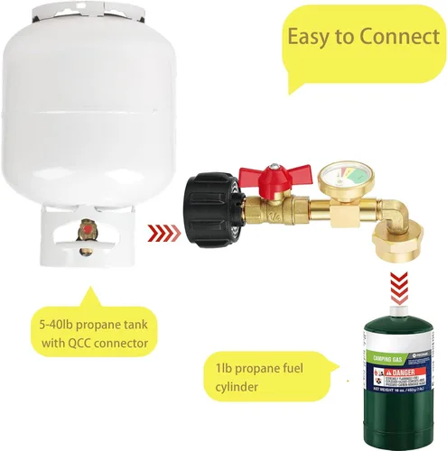 Vista 6 de Adaptador de Recarga de Propano con Válvula y Medidor, Llena Botellas de 1 lb desde Tanque de 20 lb, Compatible con Tanque de Propano QCC1 / Tipo1