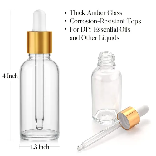 Vista 3 de 12 Pcs, 1 OZ Dropper Bottles (30ml) with 3 Funnels & 1 Long Dropper - Clear Glass Bottles for Essential Oils with Eye Droppers - Tincture Bottles