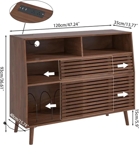 Vista 7 de Jluomei Soporte grande para tocadiscos, soporte para tocadiscos de mediados de siglo con puertas y estación de carga, mesa para tocadiscos