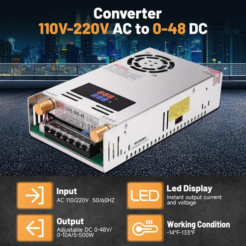 Vista 2 de Convertidor de voltaje de alimentación de CC ajustable con pantalla digital AC 110V-220V a DC 0-48V 0-10A Fuente de alimentación de conmutación