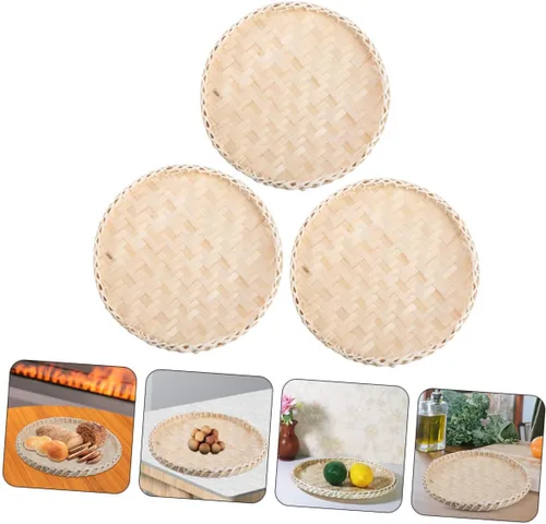 Vista 6 de LABRIMP Bandeja de café de bambú para mesa de frutas, platos de queso tejido, cesta de servir pan, cesta redonda de verduras, bandeja de servir