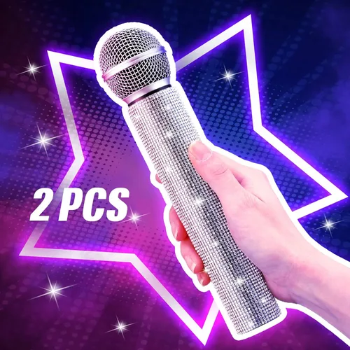 Vista 5 de Threan 2 piezas de micrófono falso de juguete de Navidad con purpurina brillante y diamantes de imitación de plástico para juego de micrófono