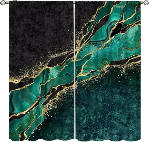Vista 14 de Cortinas abstractas con estampado de mármol negro y dorado, patrón retro para sala de estar, cocina, dormitorio, paneles opacos de 42 x 45 pulgadas