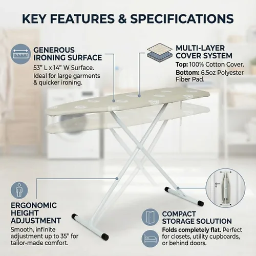 Vista 3 de Tabla de planchar, tabla de planchar con patas en T, tamaño completo, tabla de planchar de 53 x 14 pulgadas, plegable con funda de almohadilla