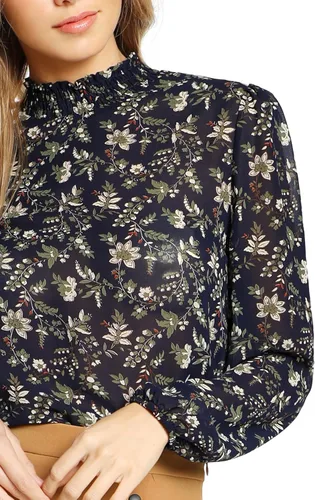 Vista 4 de Floerns - Blusa de chifón georgette de manga larga con estampado floral y cuello alto