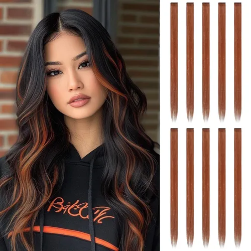 Vista 41 de FESHFEN Extensiones de cabello con clip con estampado de leopardo, 6 unidades, extensiones de cabello sintético largo y liso con clip, extensiones