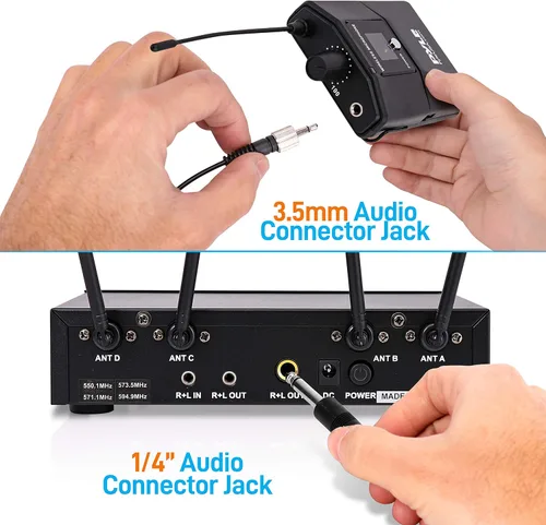 Vista 5 de Pyle Sistema de micrófono inalámbrico UHF portátil, funciona con pilas, juego de cuatro micrófonos inalámbricos Bluetooth con frecuencia