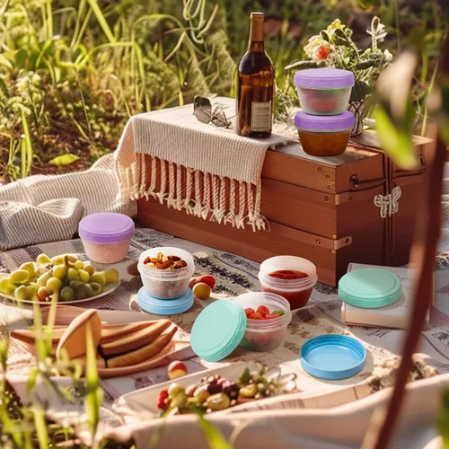 Vista 15 de Recipiente para aderezo de ensalada para llevar con tapas, apto para lavavajillas y microondas, recipientes pequeños para condimentos con líneas