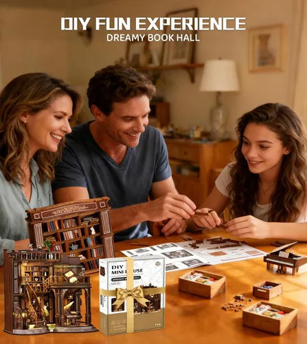 Vista 4 de Roroom Kit de casa en miniatura para bricolaje, rincón de libros de ensueño con luz LED, rompecabezas de madera 3D, kit de casa de muñecas