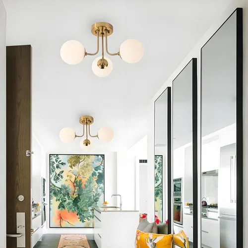 Vista 3 de Lámpara de techo moderna semiempotrada de 3 luces, pantalla de vidrio blanco globo, lámpara de techo semiempotrada, candelabros Sputnik