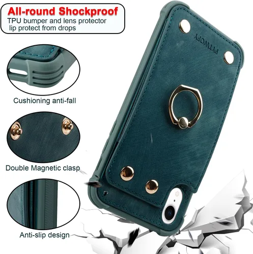 Vista 4 de Funda tipo cartera para iPhone XR10R con tarjetero de crédito, funda protectora de cuero a prueba de golpes compatible con anillo de rotación de 360
