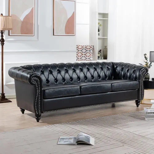 Vista 8 de Muebles de sofá Chesterfield de tela de 85 pulgadas, sofá tapizado con respaldo copetudo, brazo enrollable, sofá Chesterfield clásico para sala
