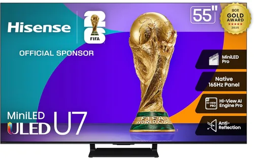Hisense 55" U7 Mini-LED ULED 4K UHD Best Premium Gaming Google Smart TV (55U75QG, modelo 2025) - QLED, 165Hz nativo, VRR 288, hasta 3000 nits,