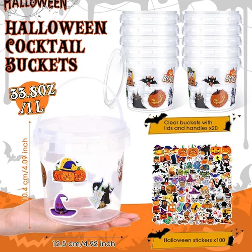 Vista 3 de Sliner 20 cubos pequeños para dulces de Halloween de 34 onzas, 100 calcomanías de terror, cubetas de ron de cóctel con tapa y asa para Halloween
