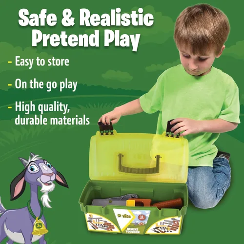 Vista 3 de John Deere Caja de herramientas de lujo de 18 piezas, juego de construcción con cinta métrica y herramientas, juguetes de construcción interactivos