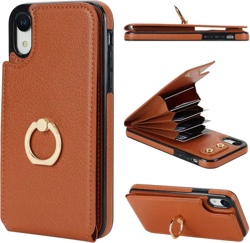 Vista 12 de Folosu Funda compatible con iPhone XR con soporte para tarjetas, rotación de 360°, soporte de anillo de dedo con función atril, bloqueo RFID, piel